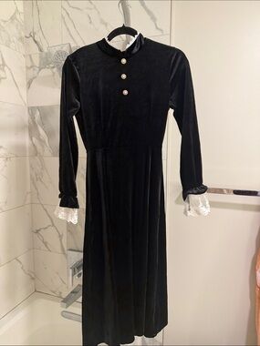 Black Velvet Long-Sleeve Dress with Lace Cuffs